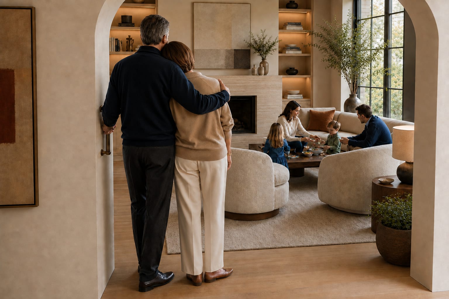 Multi-generational family seen through an archway in a warm modern living room